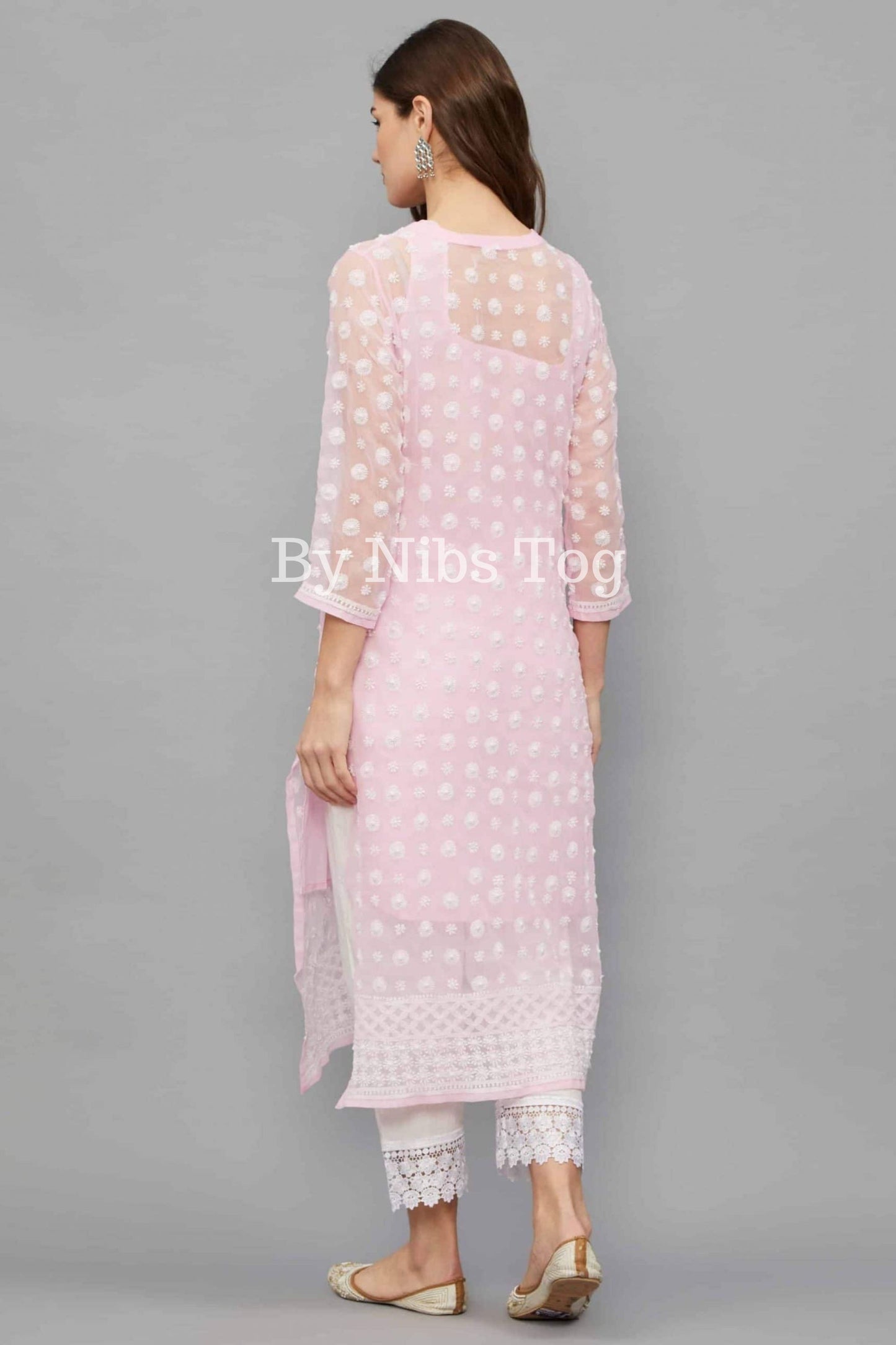 Baby Pink Full Work Georgette Chikankari kurta with Free Inner