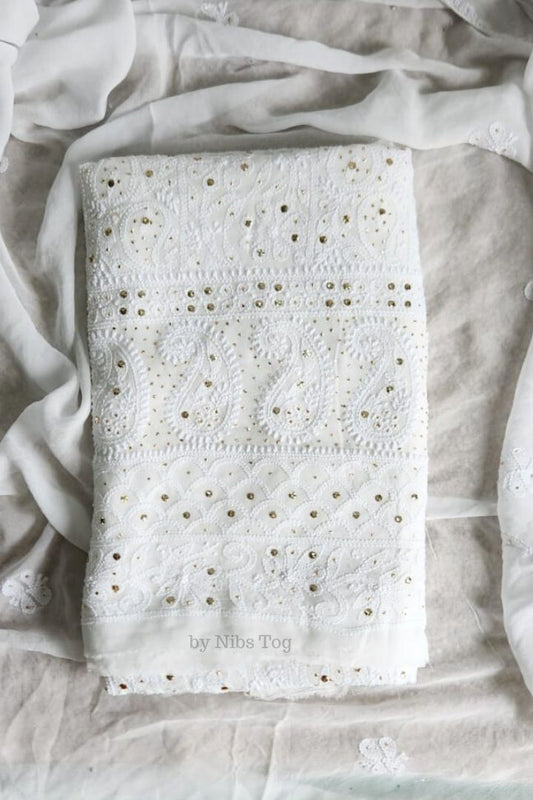White Mausiki Chikankari unstitched Fabric Pure Viscose Georgette