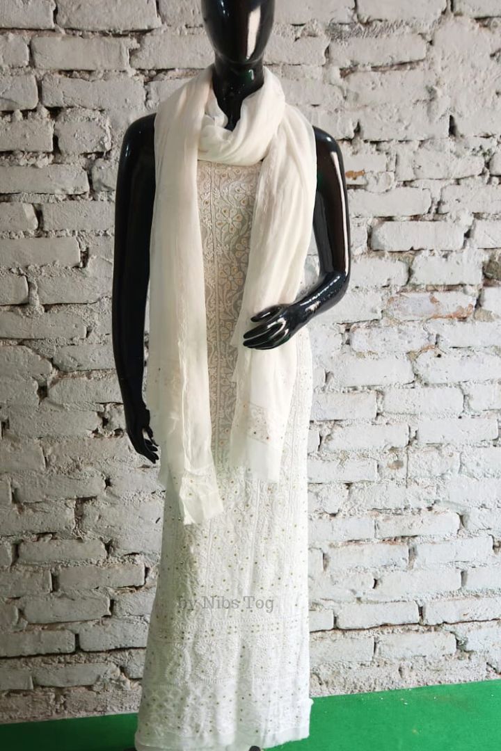 White Mausiki Chikankari unstitched Fabric Pure Viscose Georgette