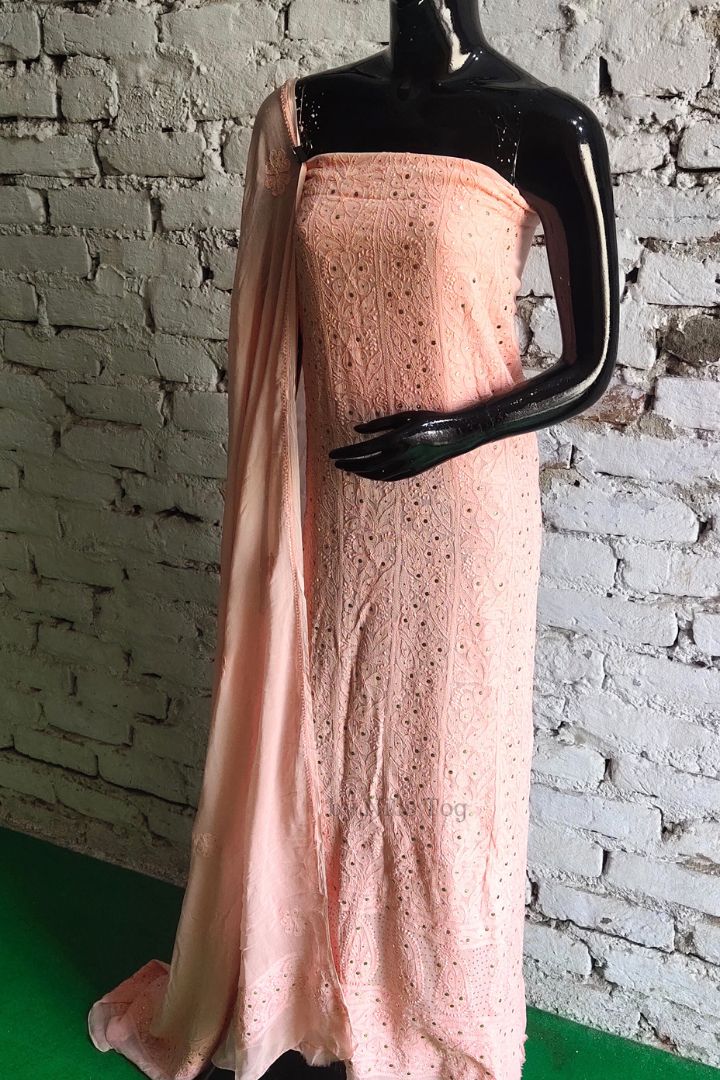 Peach Mausiki Chikankari unstitched Fabric Pure Viscose Georgette