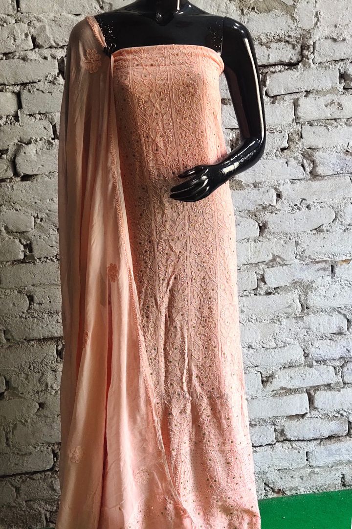 Peach Mausiki Chikankari unstitched Fabric Pure Viscose Georgette