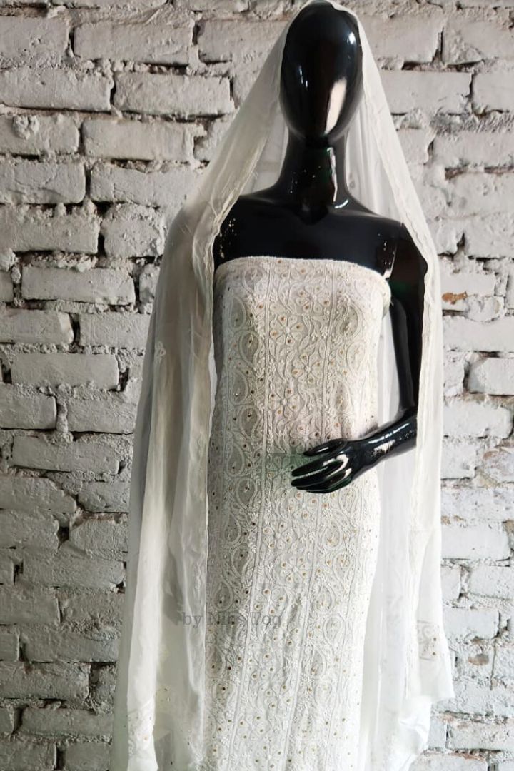 White Mausiki Chikankari unstitched Fabric Pure Viscose Georgette