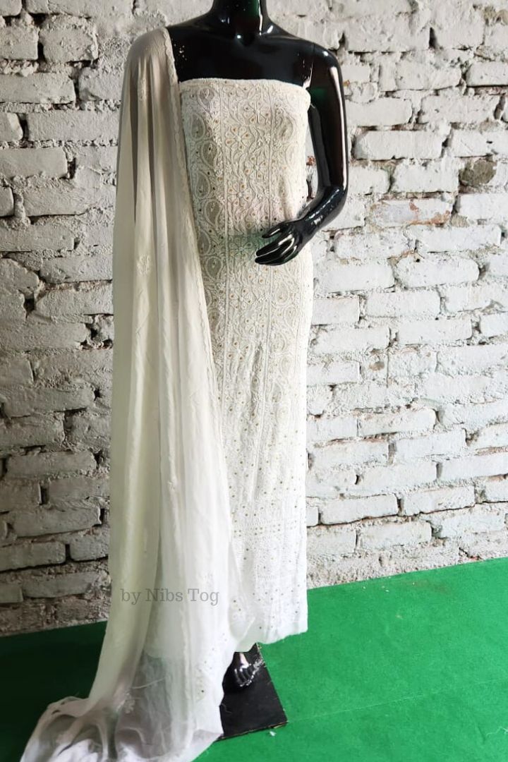 White Mausiki Chikankari unstitched Fabric Pure Viscose Georgette