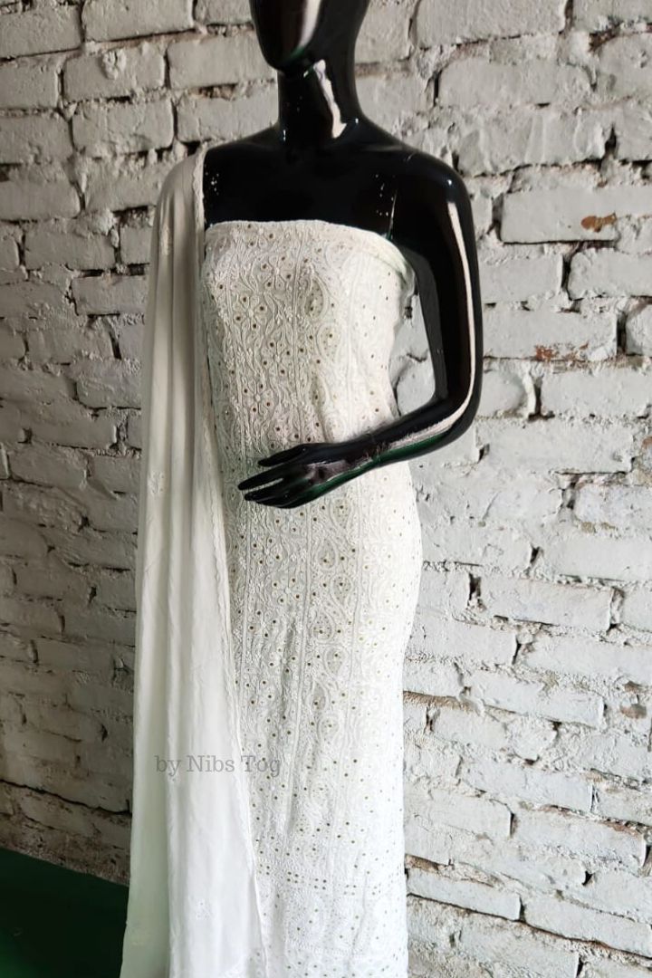 White Mausiki Chikankari unstitched Fabric Pure Viscose Georgette