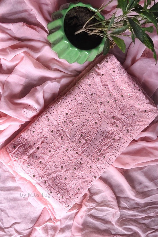 Peach Mausiki Chikankari unstitched Fabric Pure Viscose Georgette