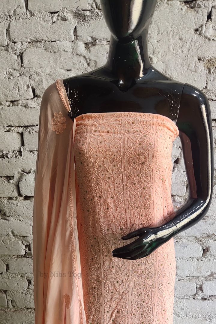 Peach Mausiki Chikankari unstitched Fabric Pure Viscose Georgette