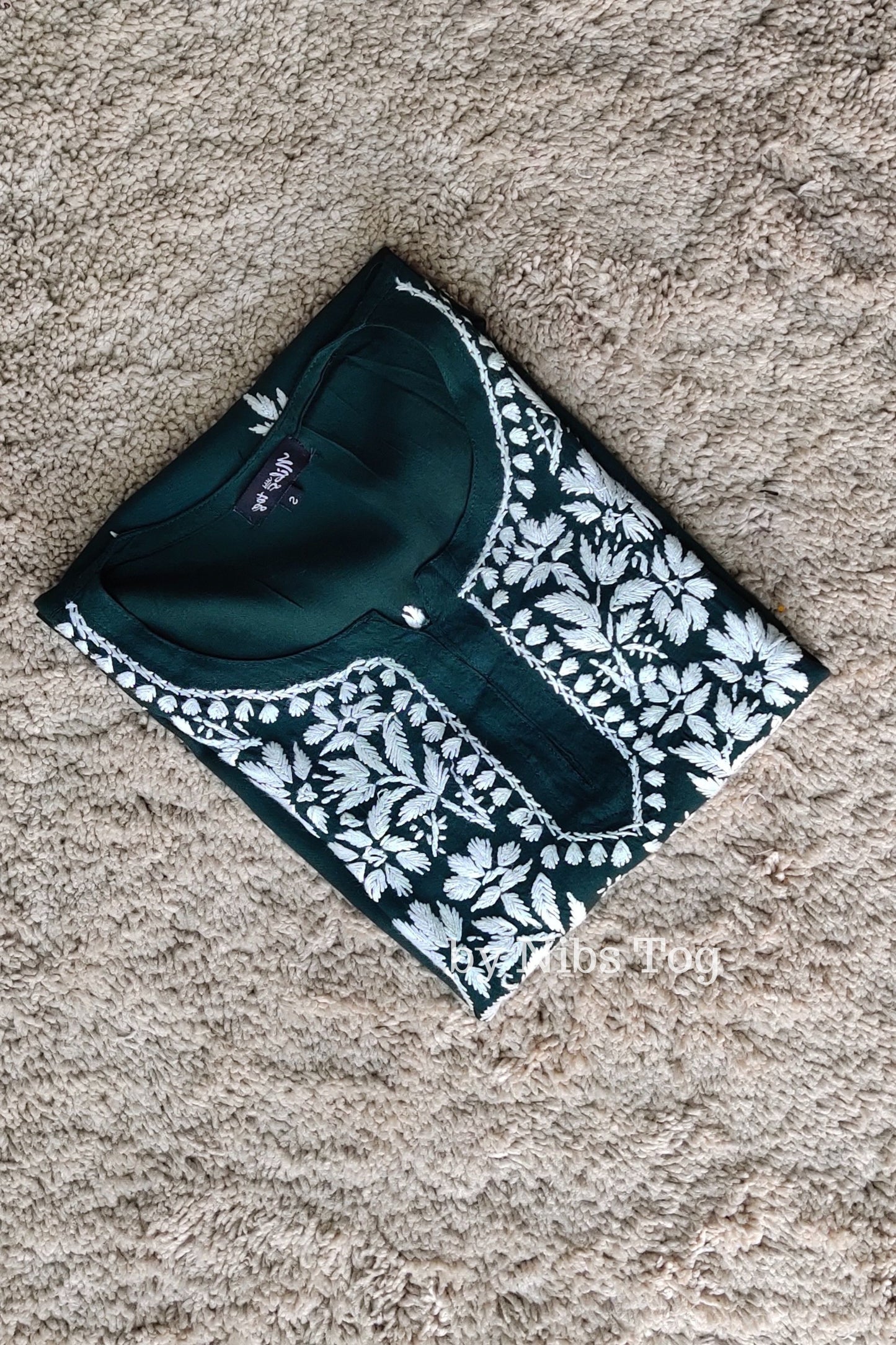 Dark Green Rozana Cotton Chikankari Short Kurta/Top for Women