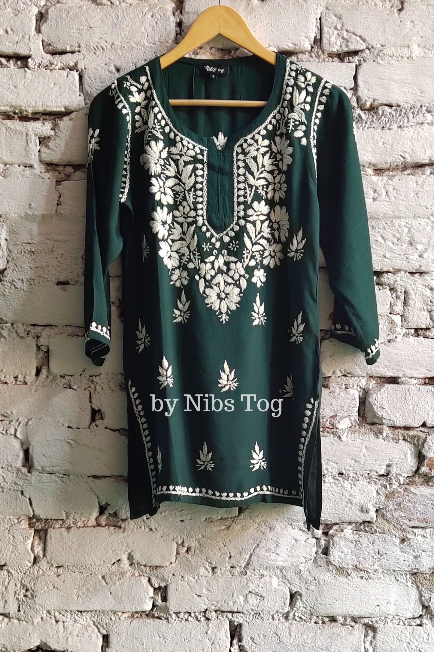Dark Green Rozana Cotton Chikankari Short Kurta/Top for Women
