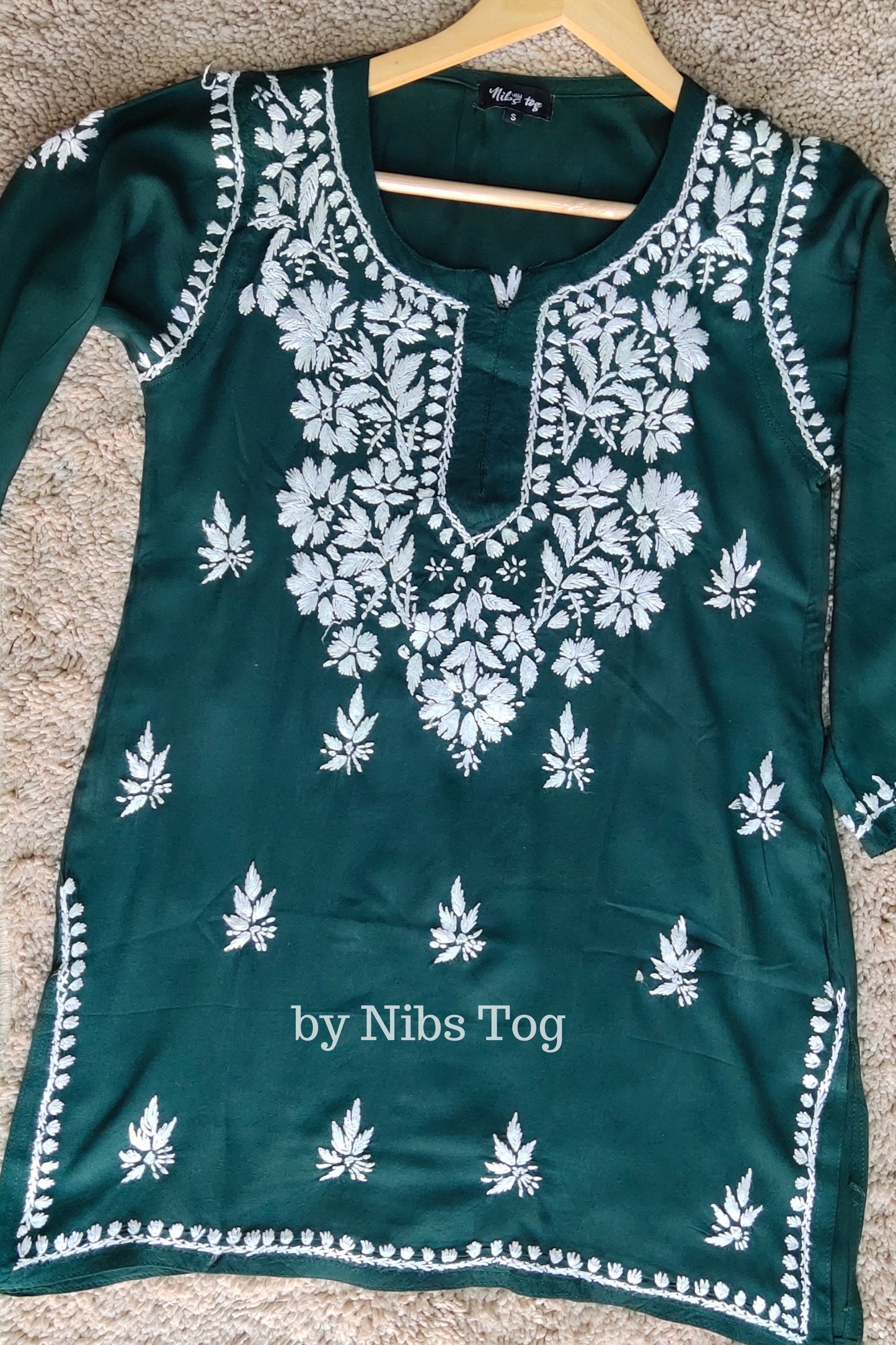 Dark Green Rozana Cotton Chikankari Short Kurta/Top for Women