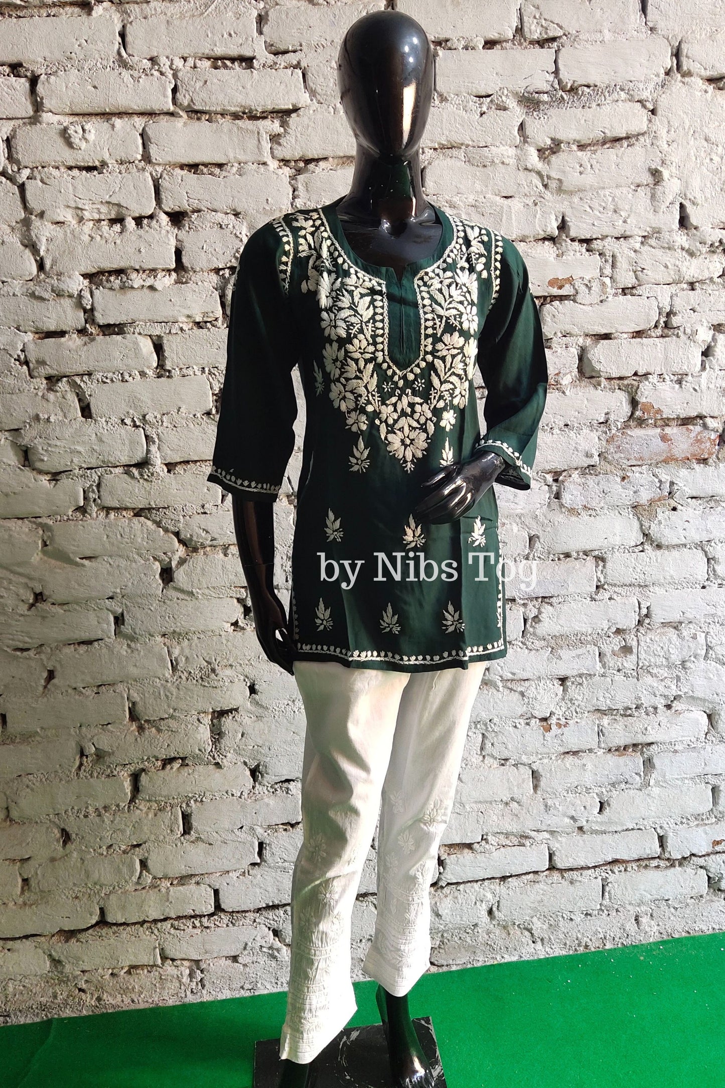 Dark Green Rozana Cotton Chikankari Short Kurta/Top for Women