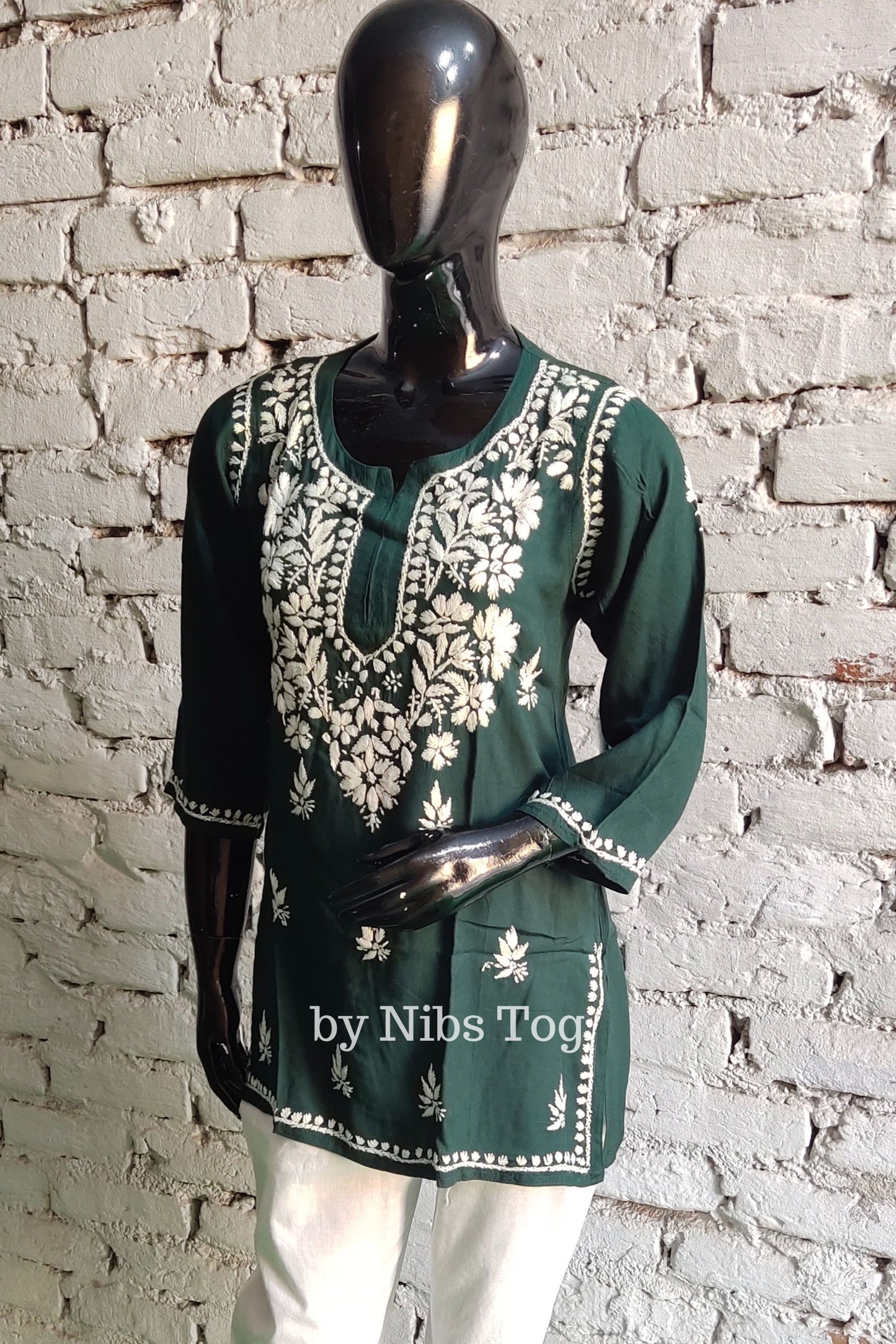 Dark Green Rozana Cotton Chikankari Short Kurta/Top for Women
