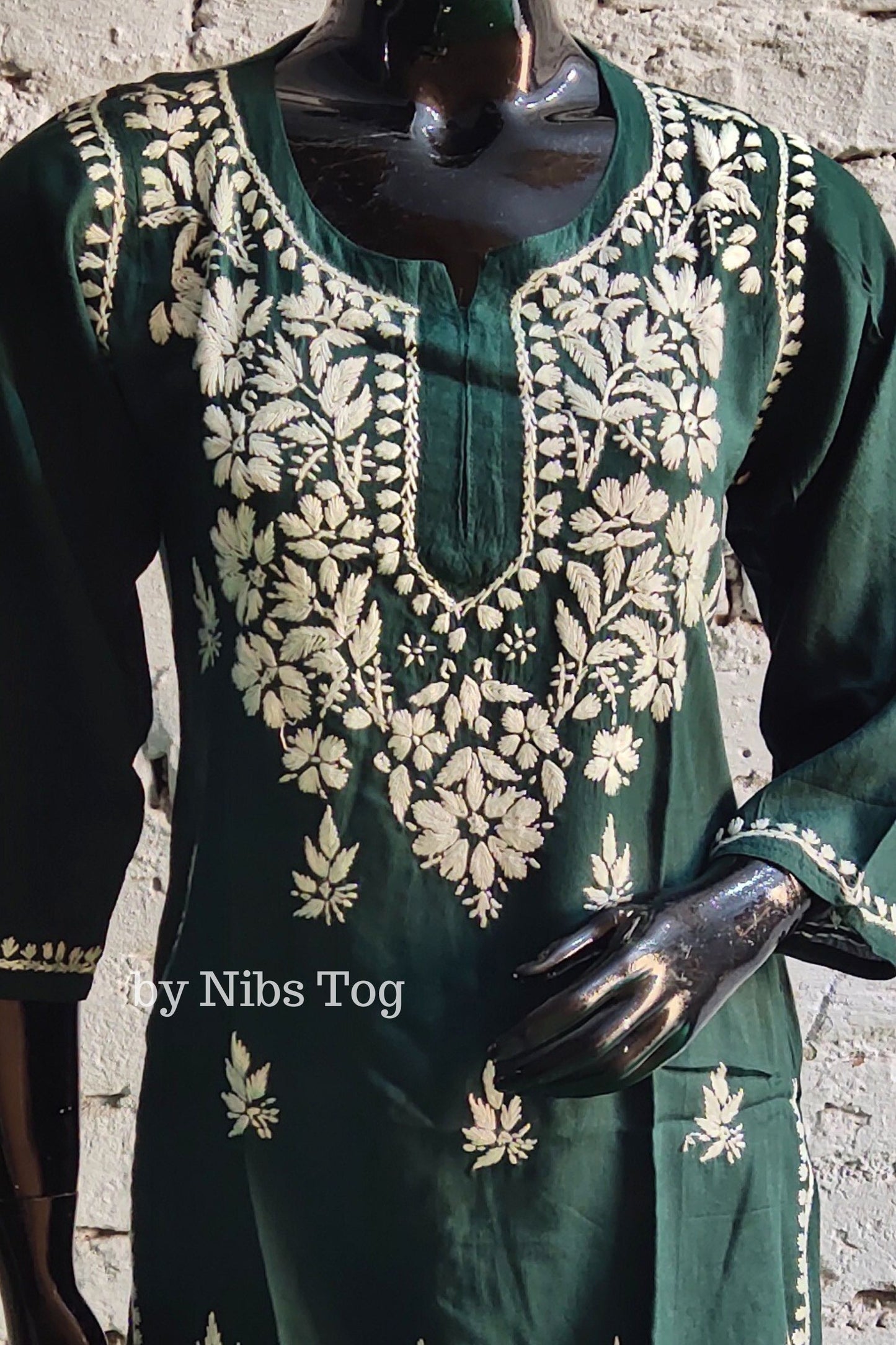 Dark Green Rozana Cotton Chikankari Short Kurta/Top for Women