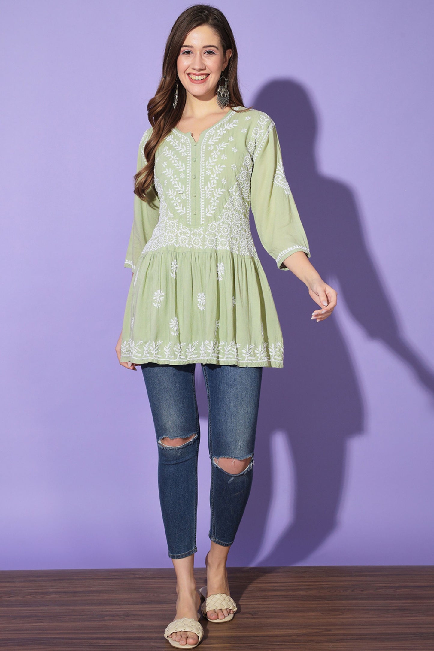Gul Pista Green Chikankari Short Kurta Rayon Cotton