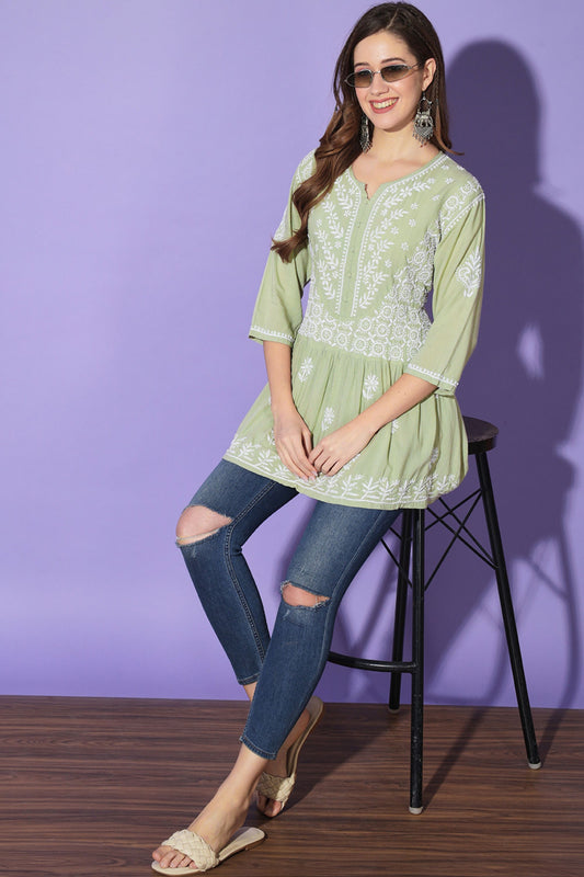 Gul Pista Green Chikankari Short Kurta Rayon Cotton