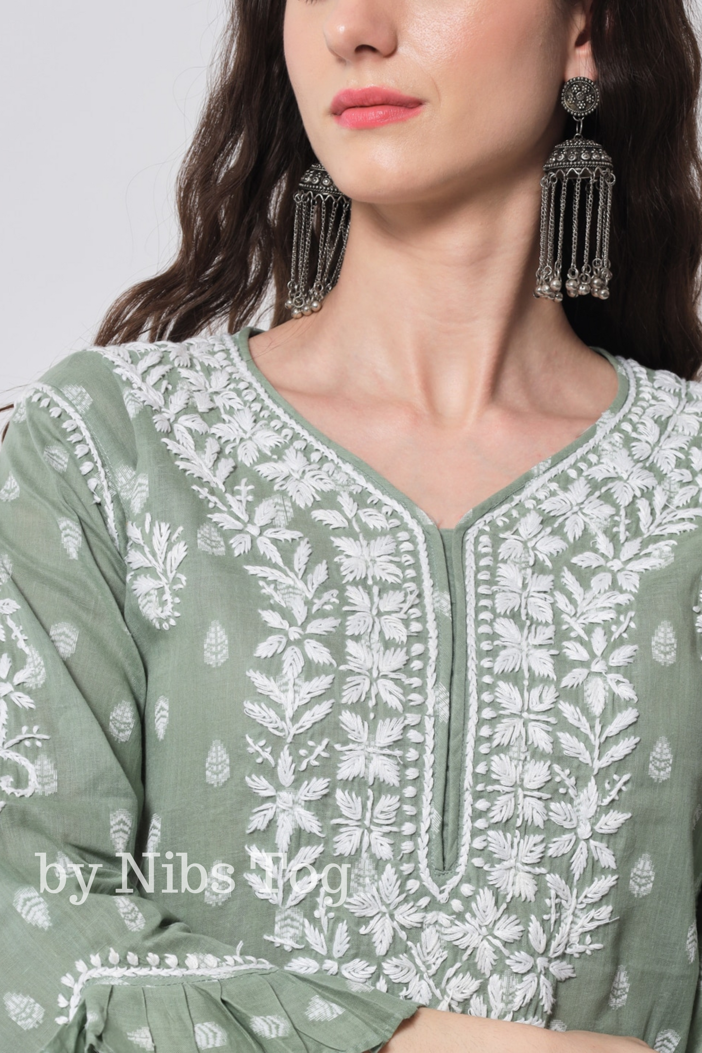 Printed Cotton Chikankari Kurta Light Green with Bell Sleeves