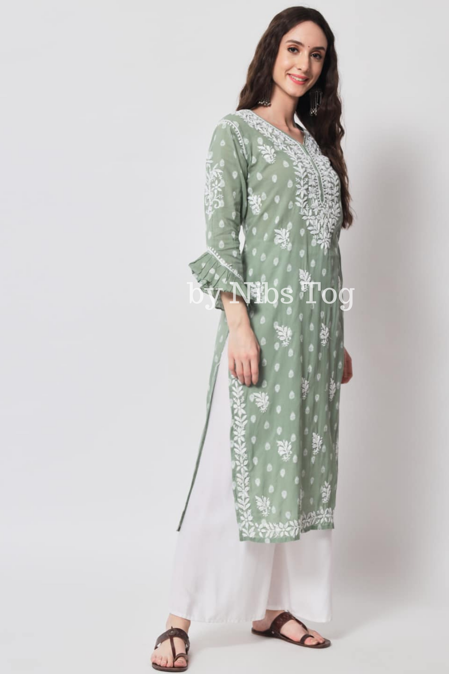 Printed Cotton Chikankari Kurta Light Green with Bell Sleeves