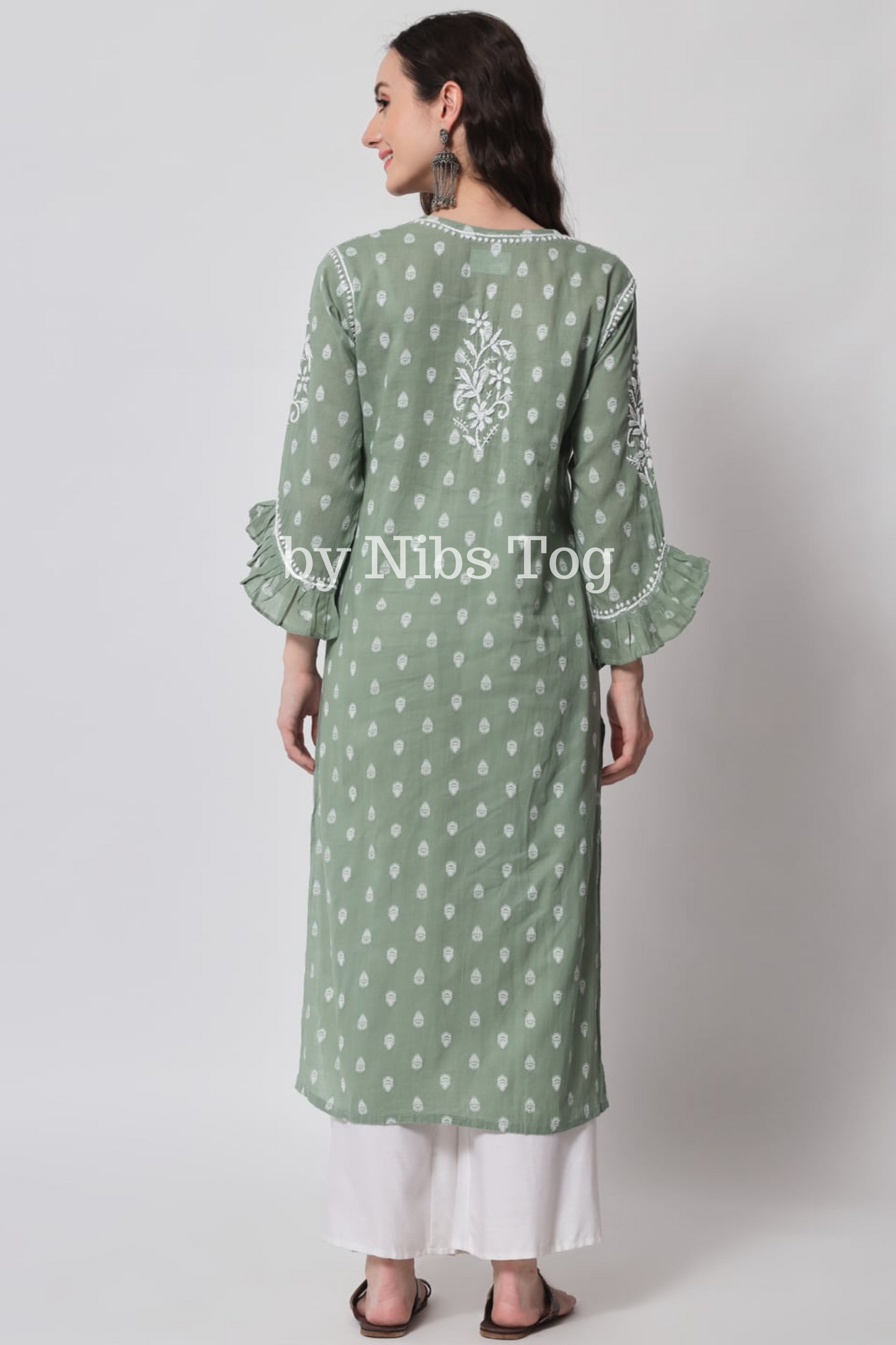 Printed Cotton Chikankari Kurta Light Green with Bell Sleeves