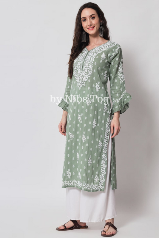 Printed Cotton Chikankari Kurta Light Green with Bell Sleeves