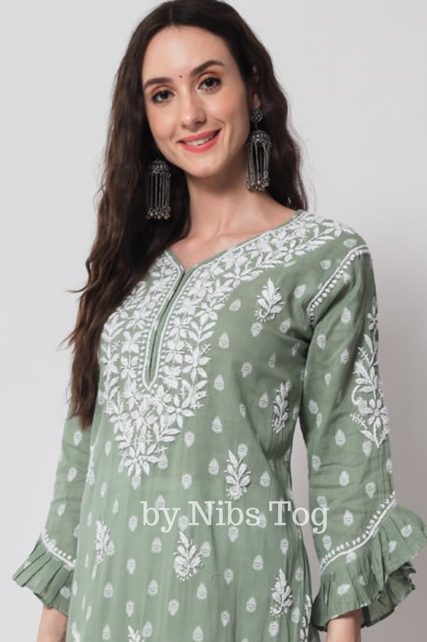 Printed Cotton Chikankari Kurta Light Green with Bell Sleeves