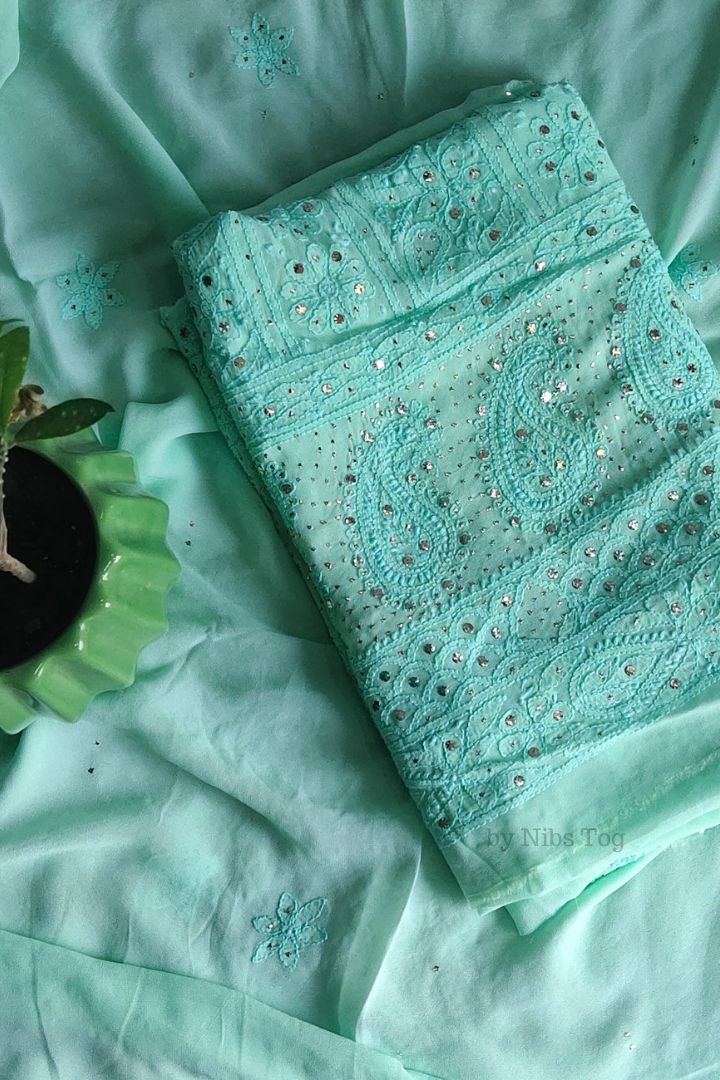 Green Mausiki Chikankari unstitched Fabric Pure Viscose Georgette
