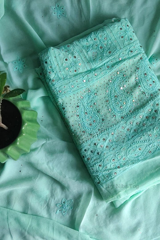 Green Mausiki Chikankari unstitched Fabric Pure Viscose Georgette