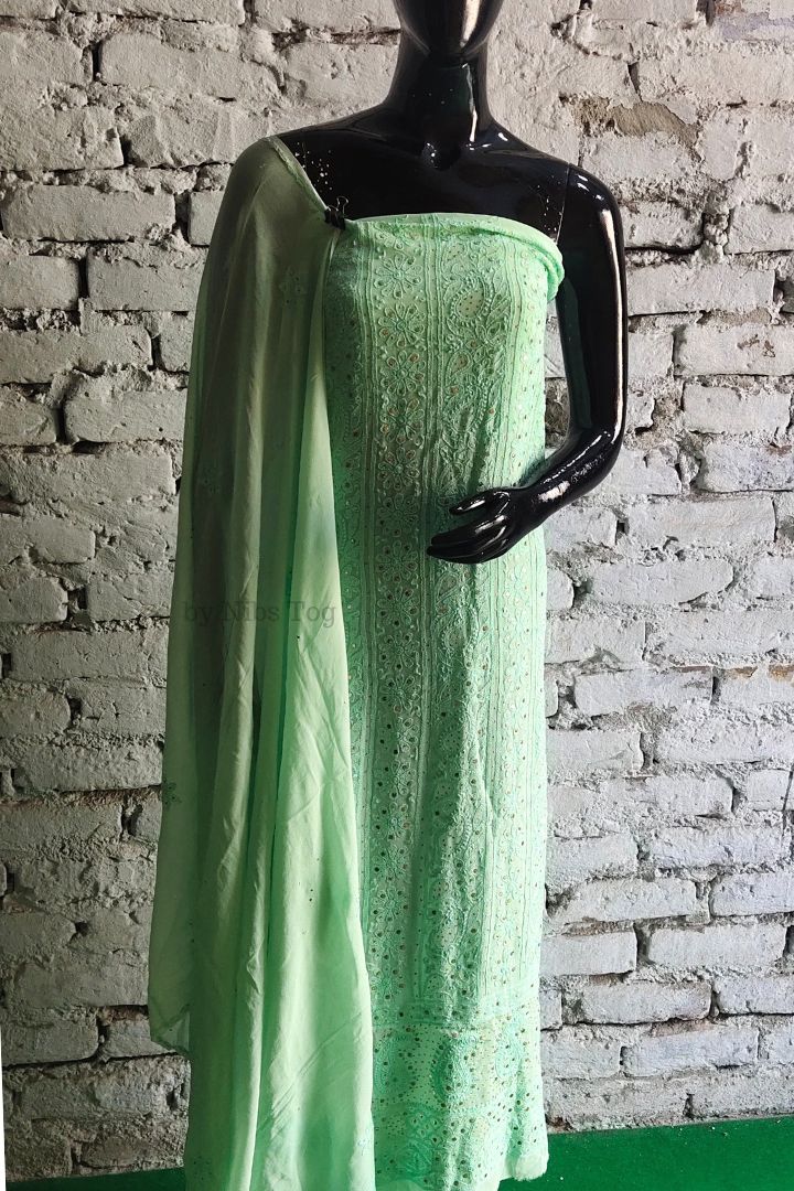 Green Mausiki Chikankari unstitched Fabric Pure Viscose Georgette