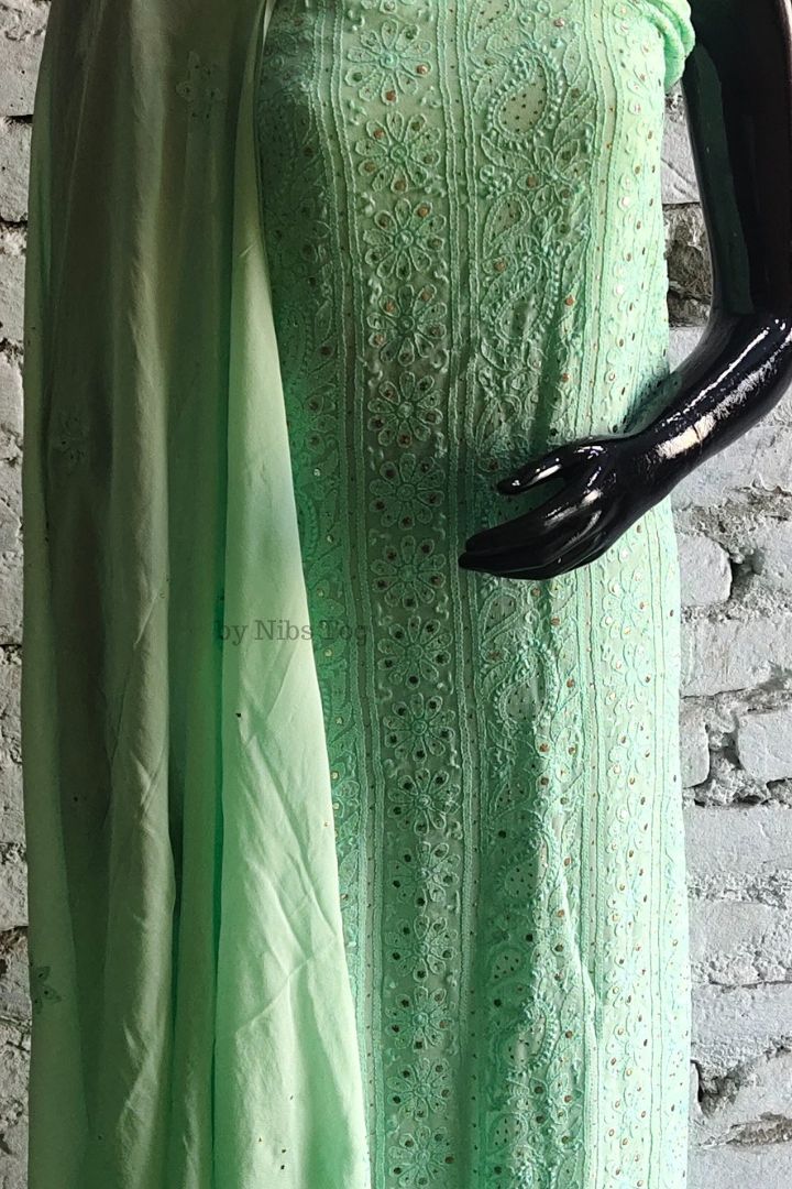 Green Mausiki Chikankari unstitched Fabric Pure Viscose Georgette