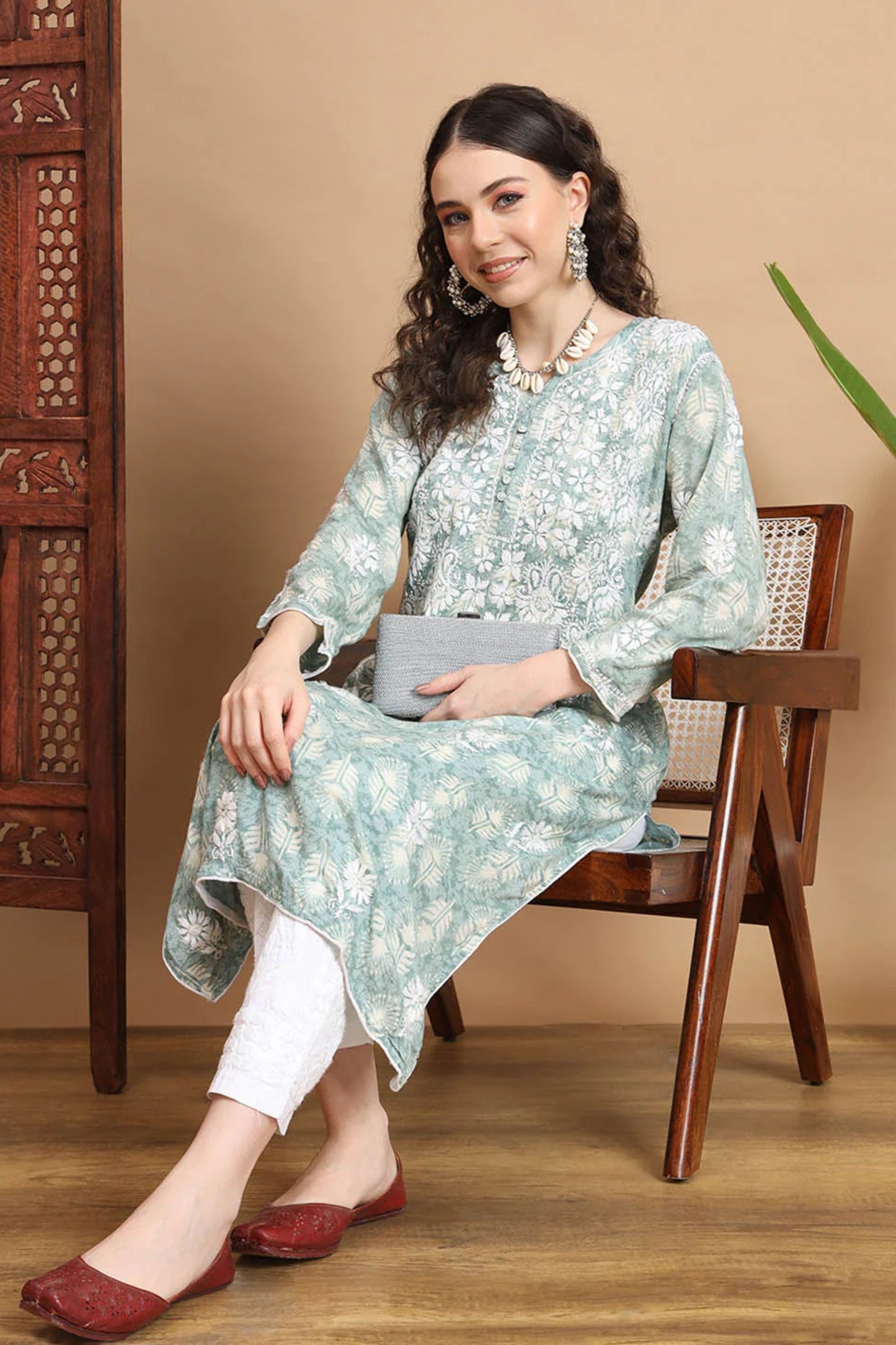 Green Anisa Modal Cotton Chikankari Kurta Floral Printed