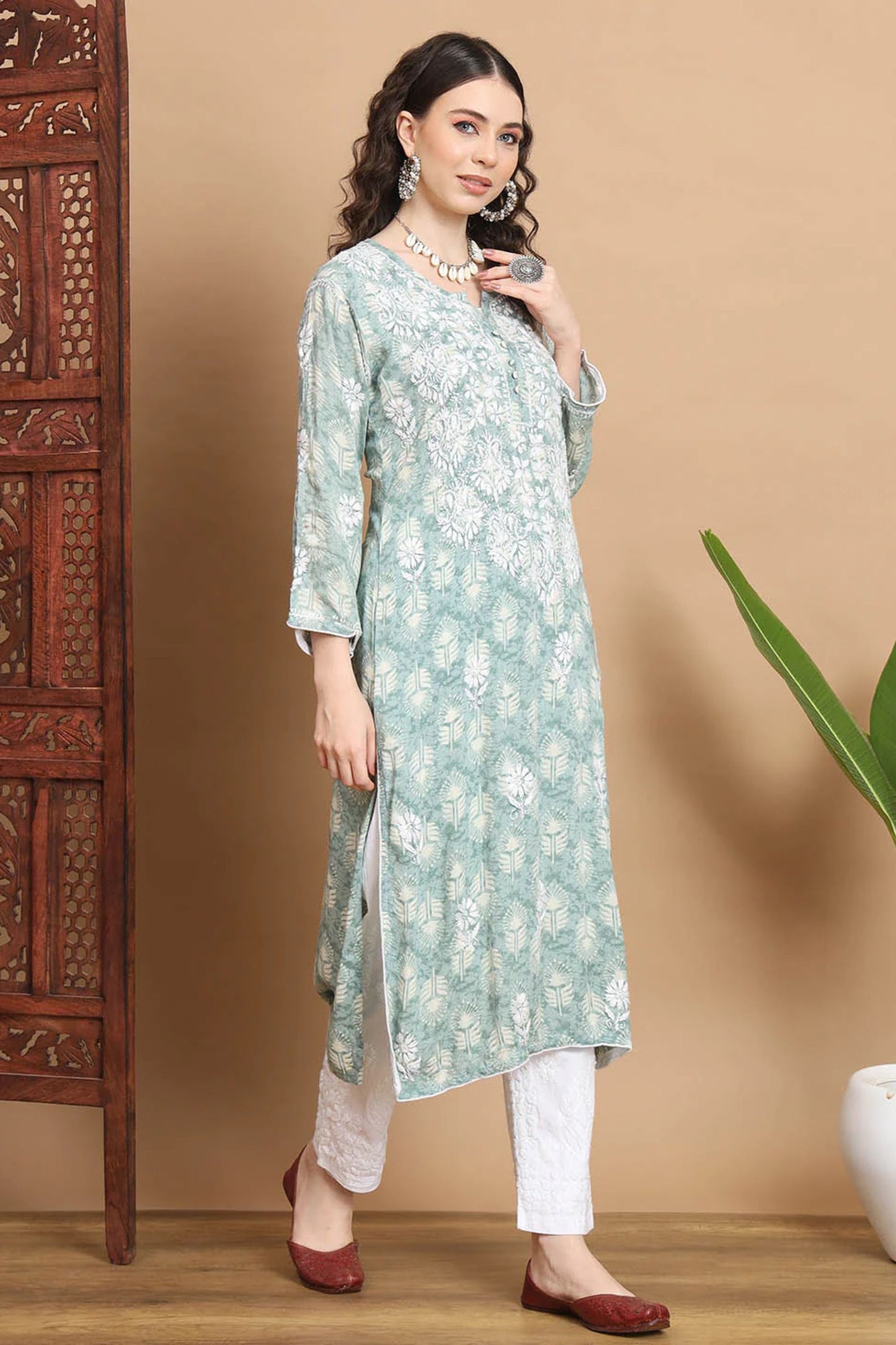 Green Anisa Modal Cotton Chikankari Kurta Floral Printed