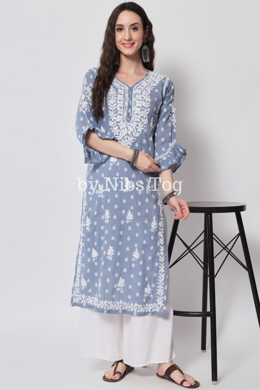 Grey Printed Cotton Chikankari Kurta for Women