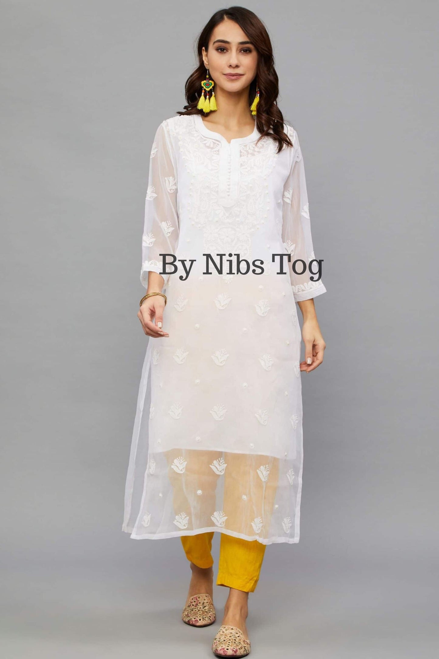 Women's White Chikankari Kurta Georgette with FREE matching Slip