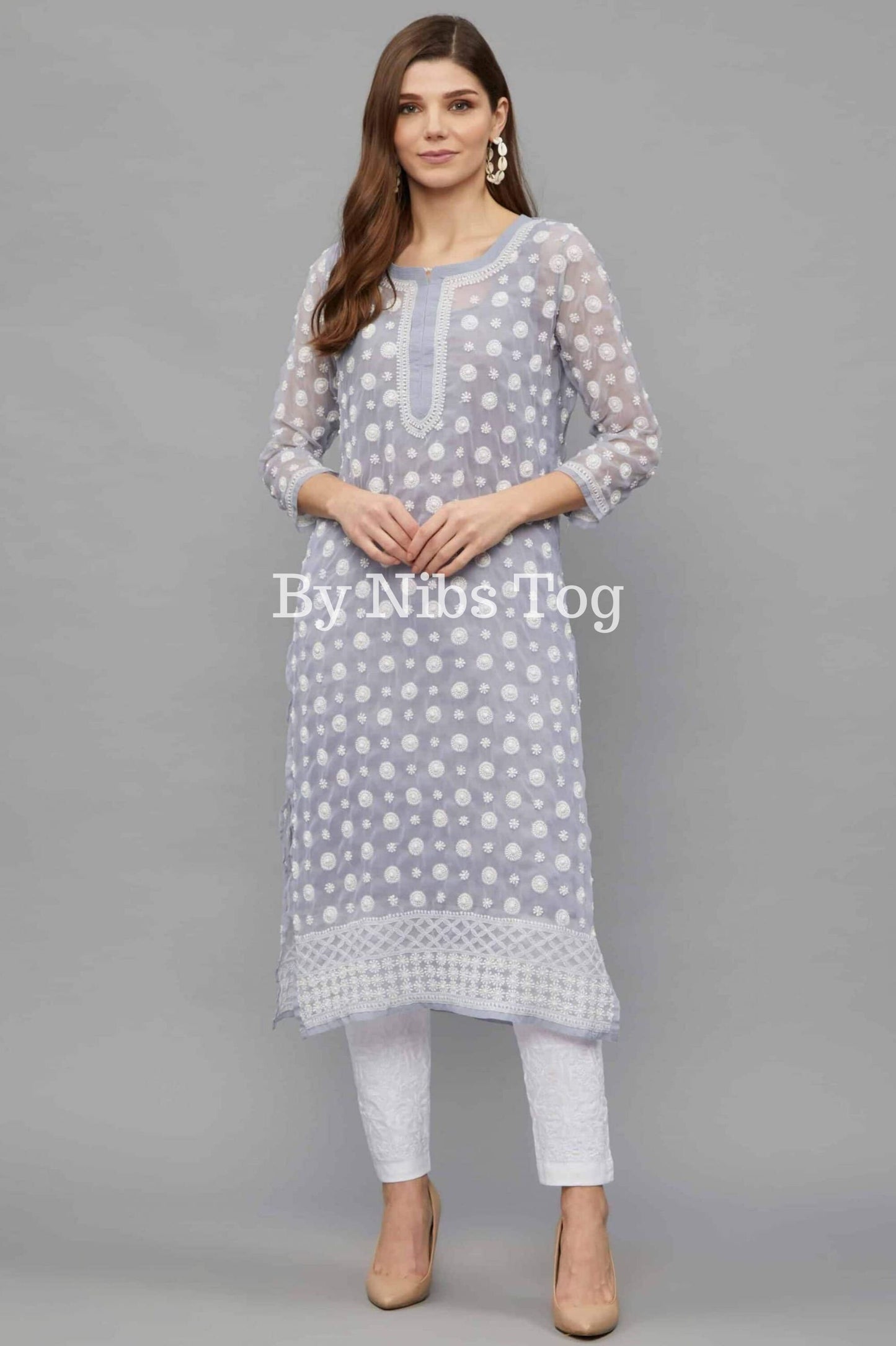 Grey Georgette Chikankari Kurta with inner