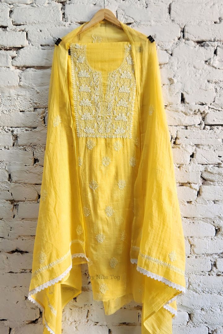 Meher Kota Cotton Chikankari Unstitched Fabric Yellow