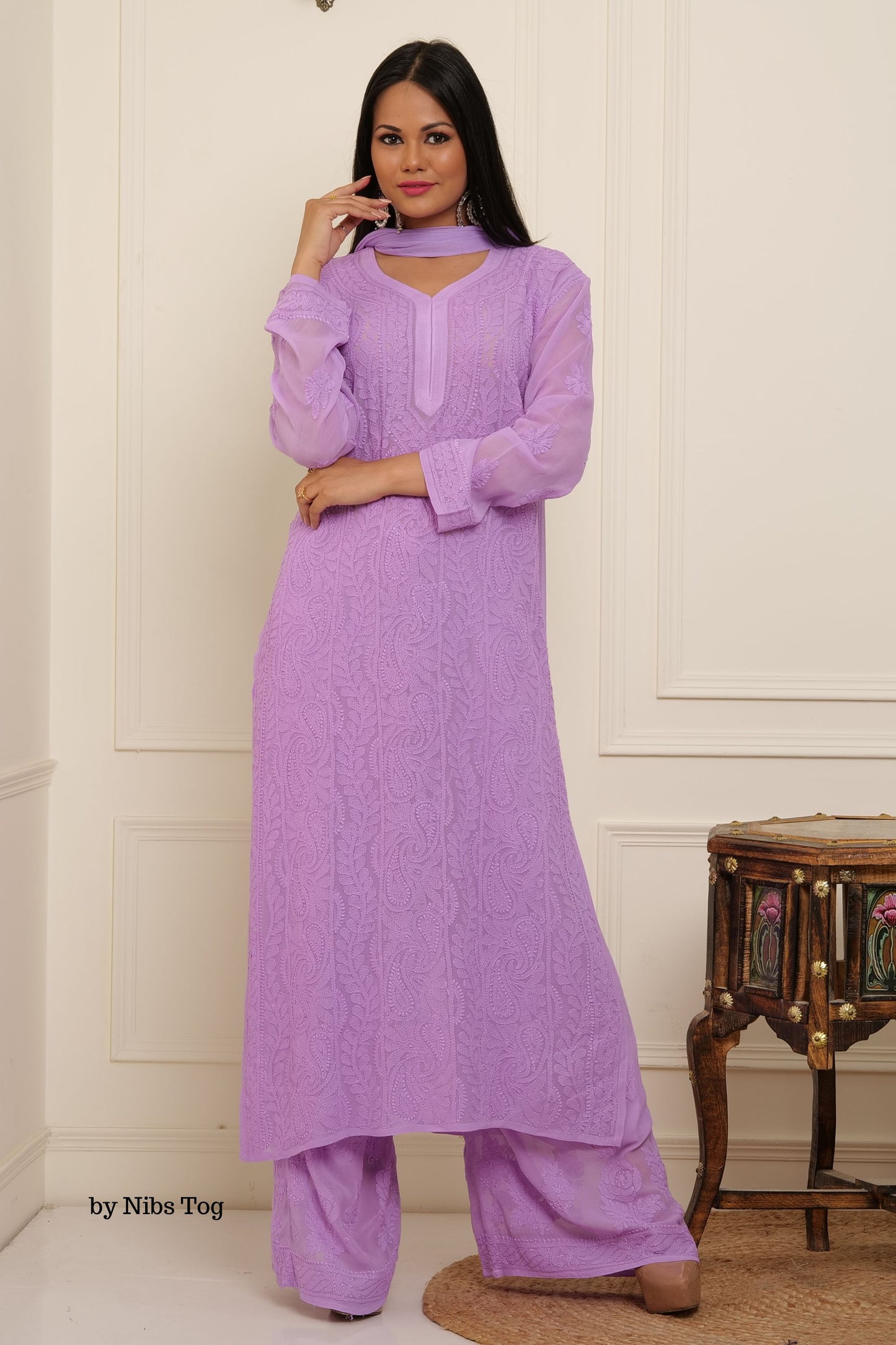 Lilac Nazaqat Chikankari Kurta Palazzo Set with Dupatta