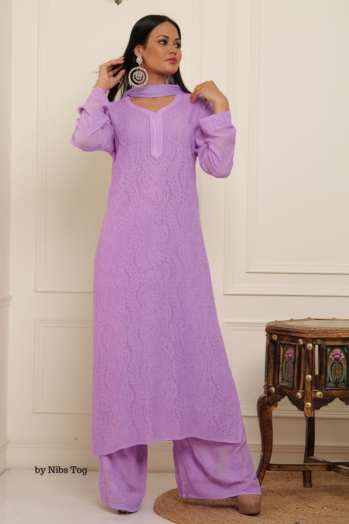 Lilac Nazaqat Chikankari Kurta Palazzo Set with Dupatta