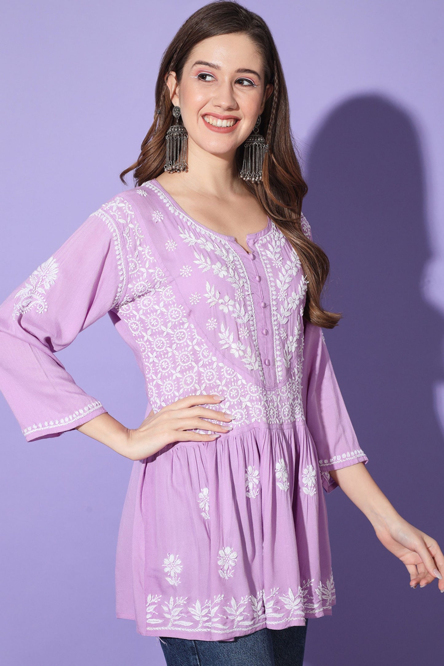 Gul Lilac Chikankari Short Kurta Rayon Cotton