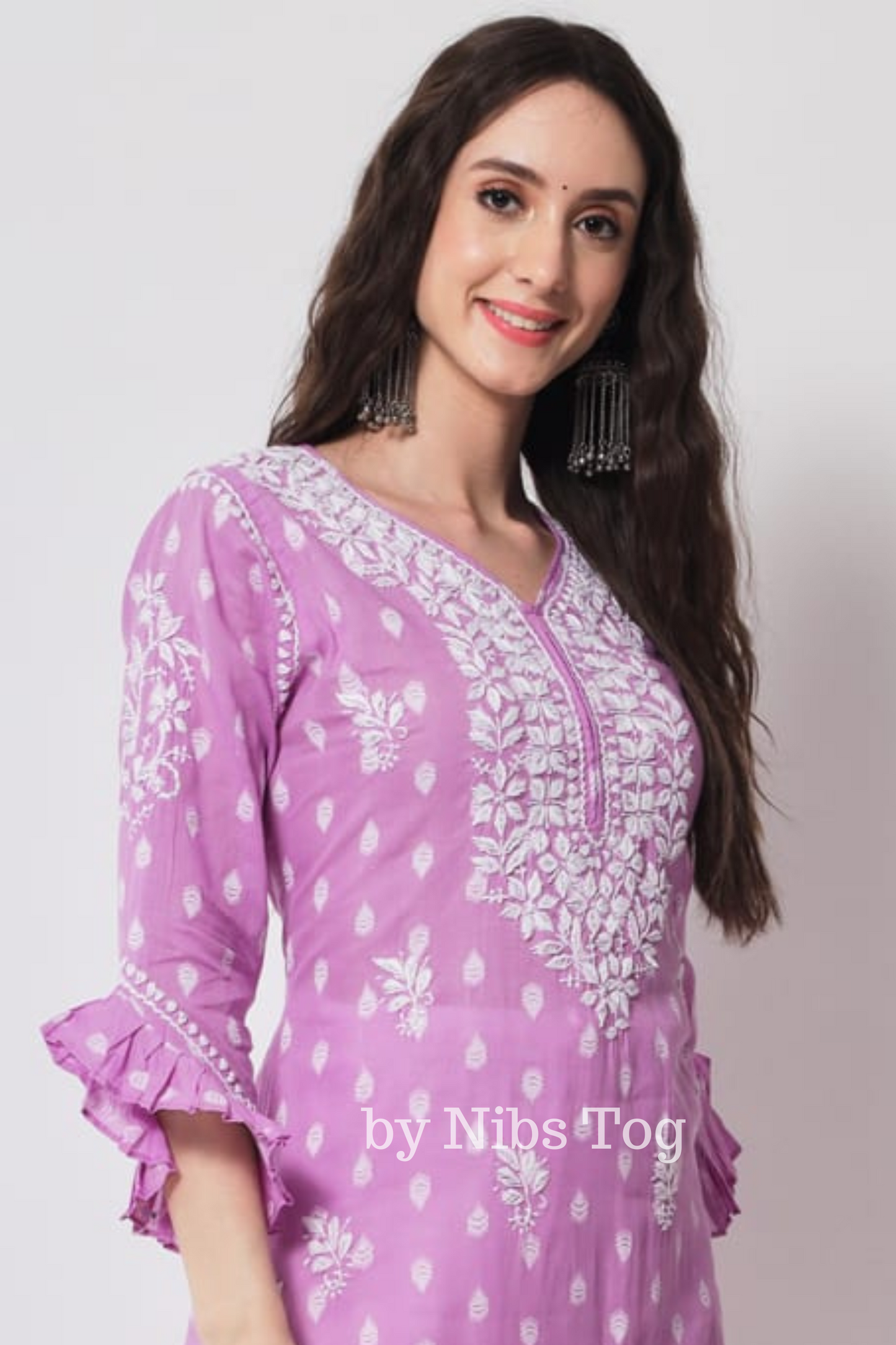 Printed Lilac Cotton Chikankari Kurta for Women