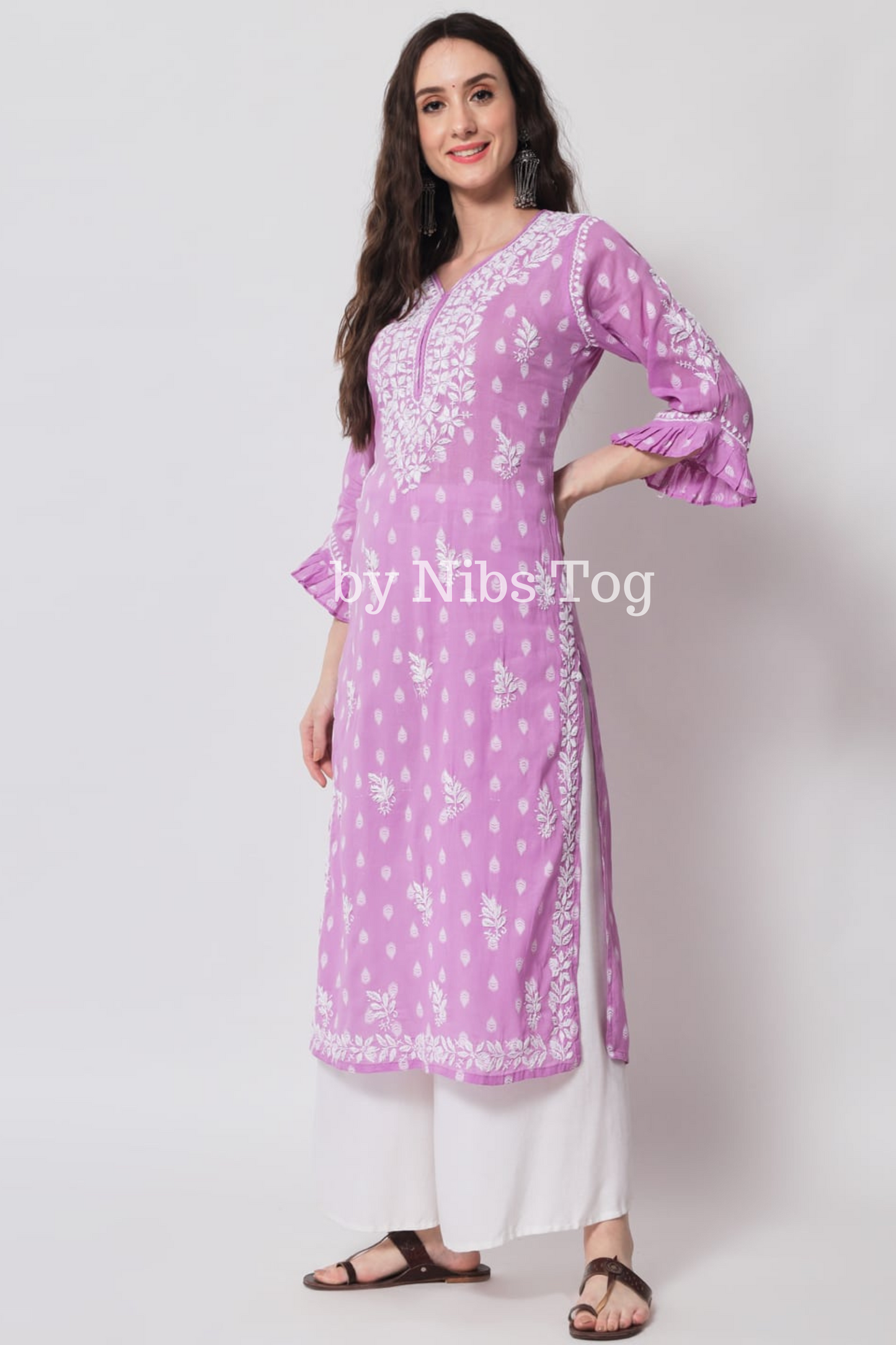 Printed Lilac Cotton Chikankari Kurta for Women
