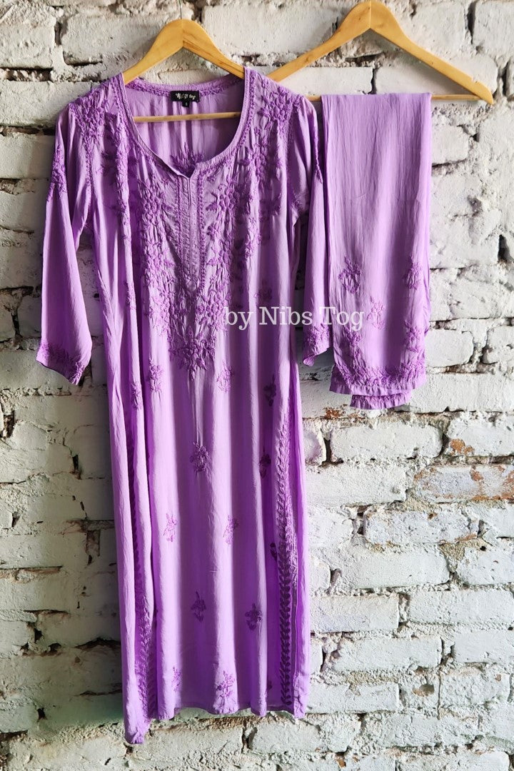 Mauve Modal Cotton Chikankari Kurta Palazzo Set