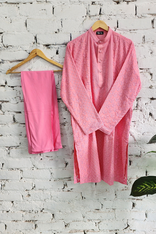 Pink Mens Chikankari Kurta with churidar Pure Viscose Georgette