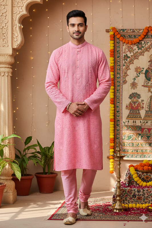 Pink Mens Chikankari Kurta with churidar Pure Viscose Georgette