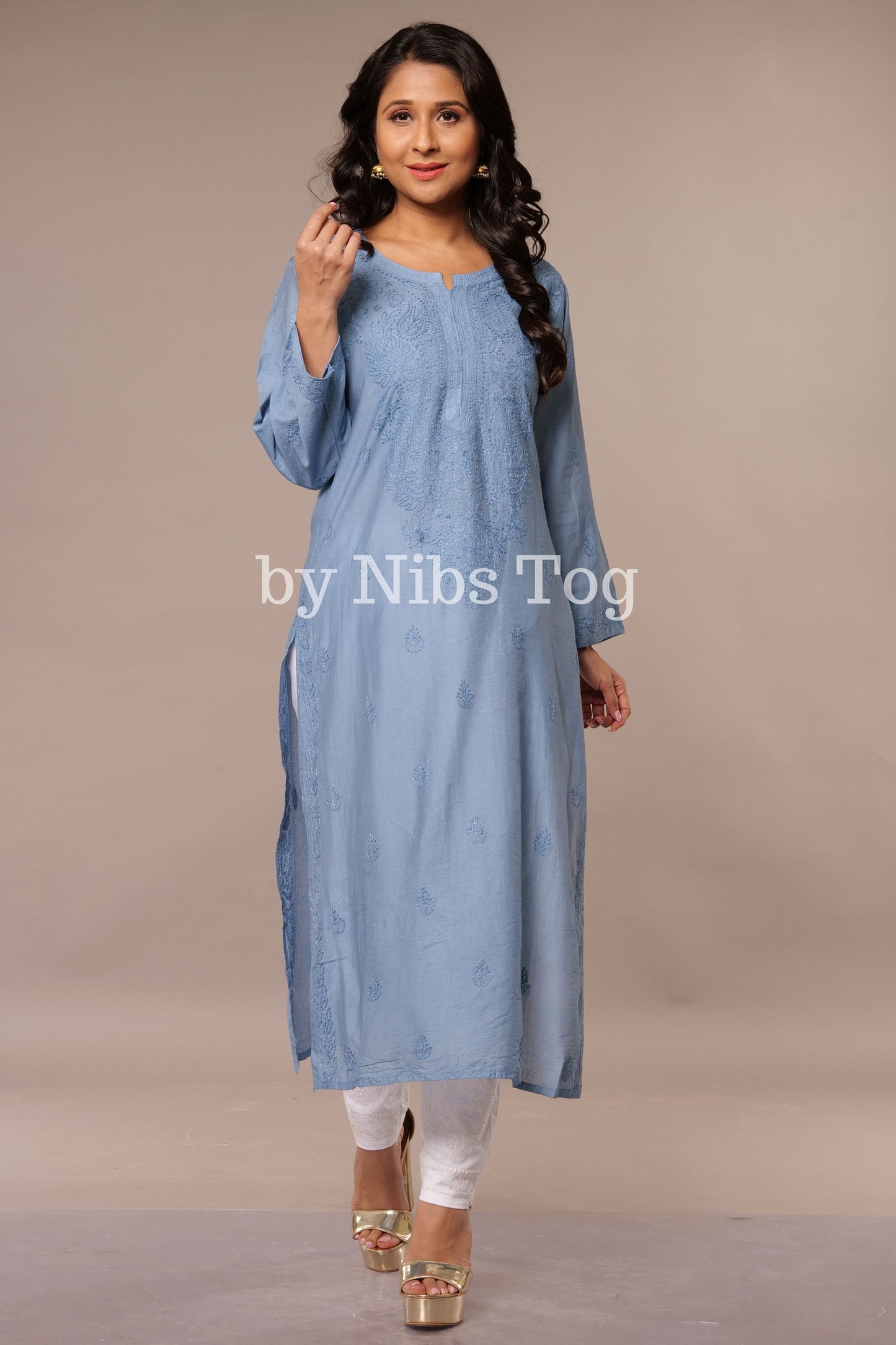 Denim Blue Straight Modal Silk Chikankari Kurta