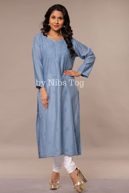 Denim Blue Straight Modal Silk Chikankari Kurta
