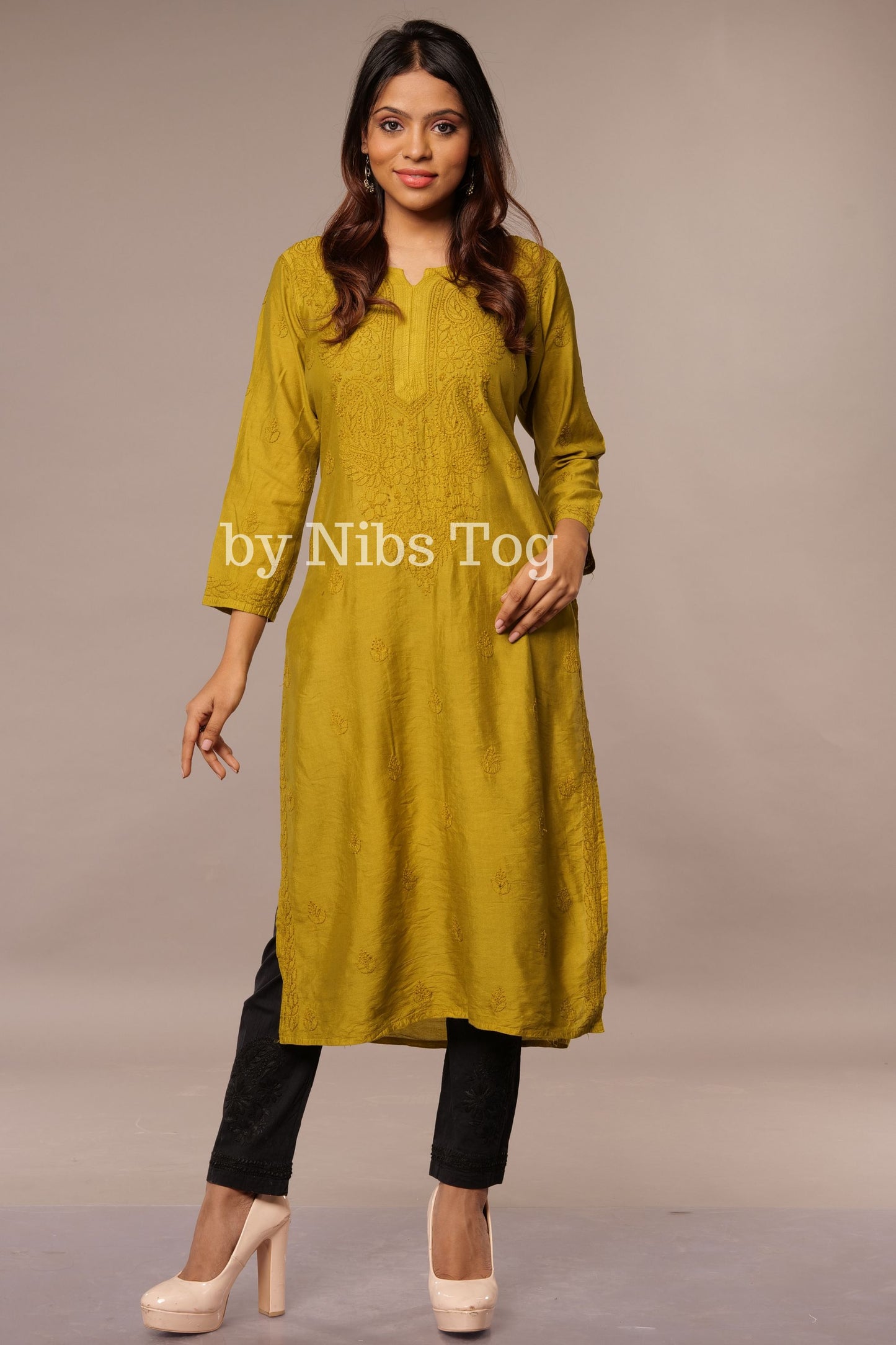 Modal Silk Straight Chikankari Kurta Green