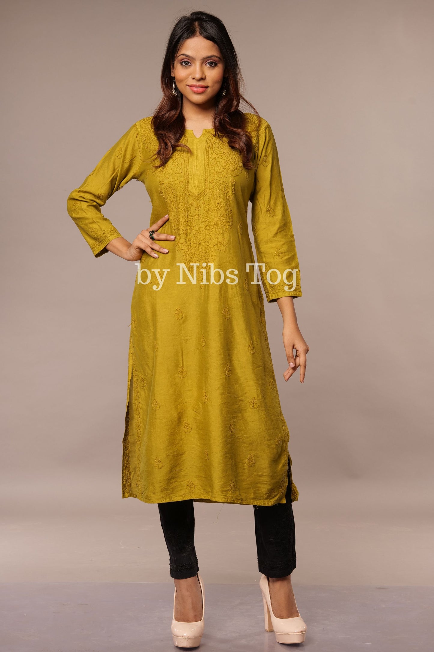 Modal Silk Straight Chikankari Kurta Green