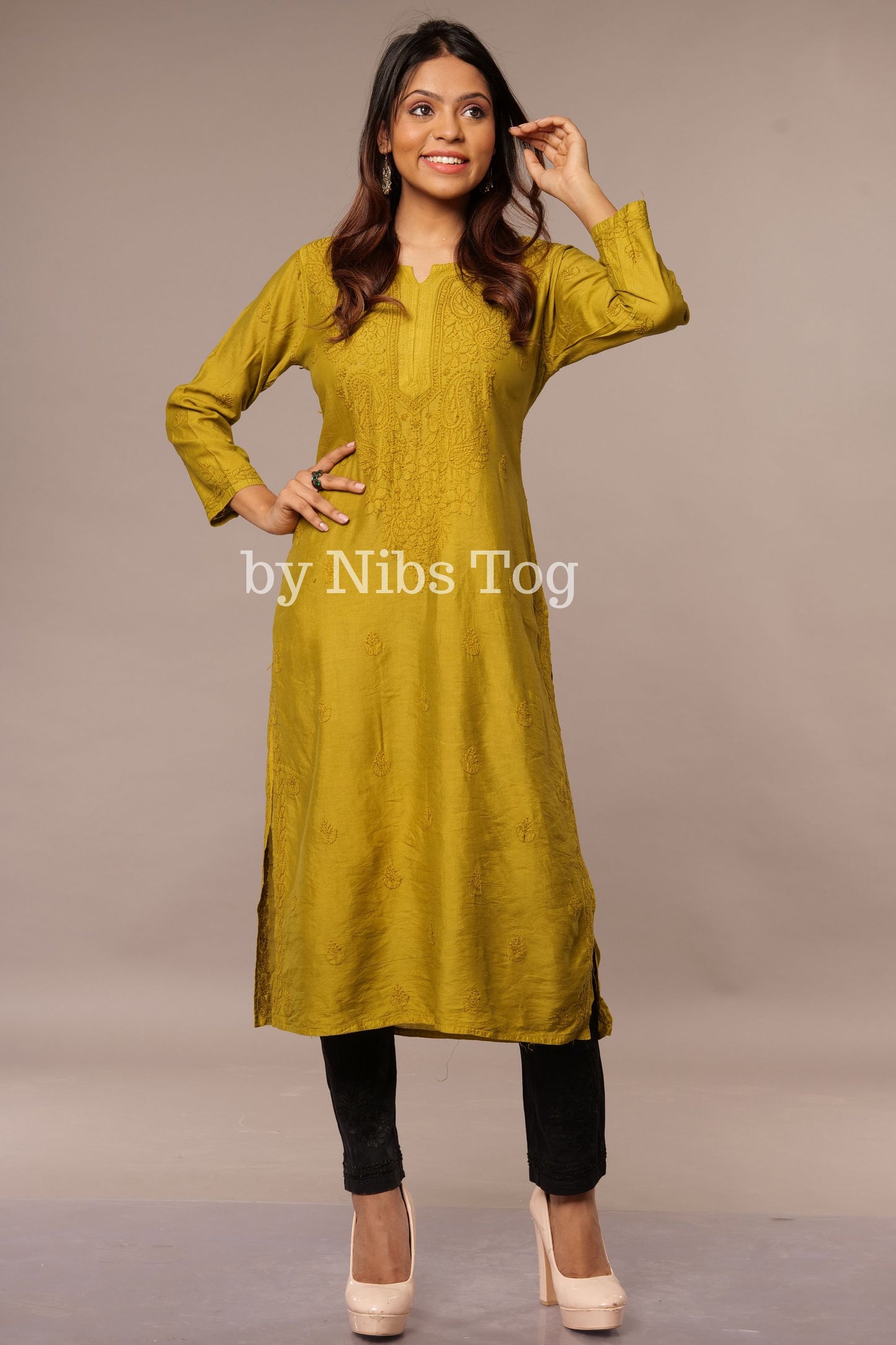 Modal Silk Straight Chikankari Kurta Green