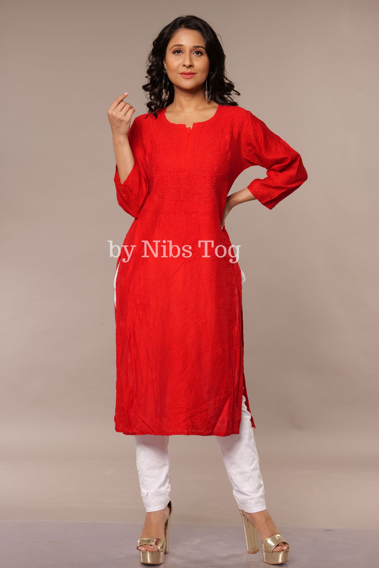 Modal Silk Chikankari Kurta Red