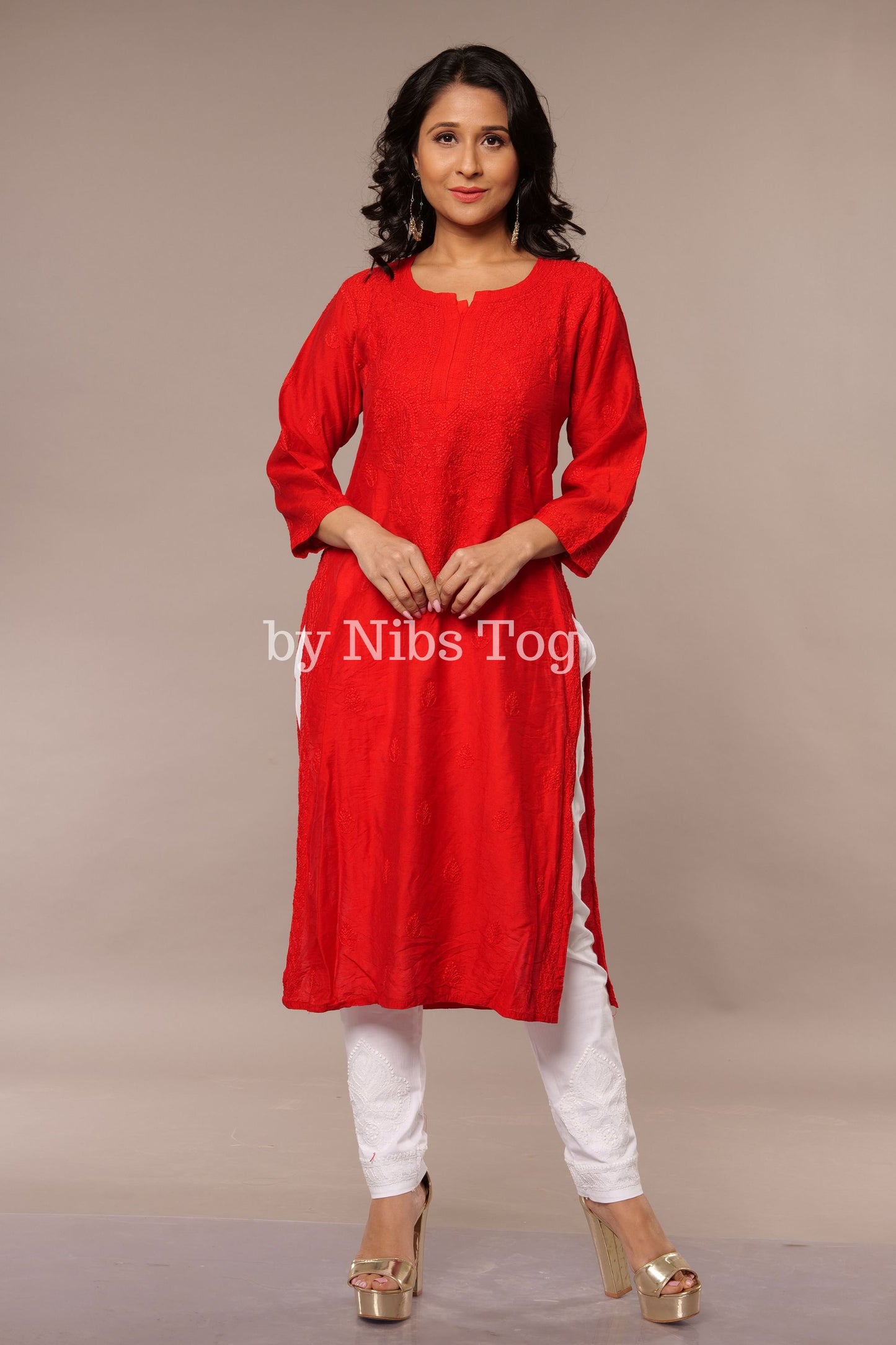 Modal Silk Chikankari Kurta Red
