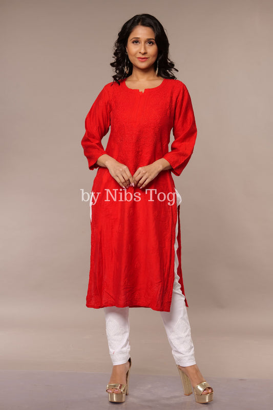 Modal Silk Chikankari Kurta Red