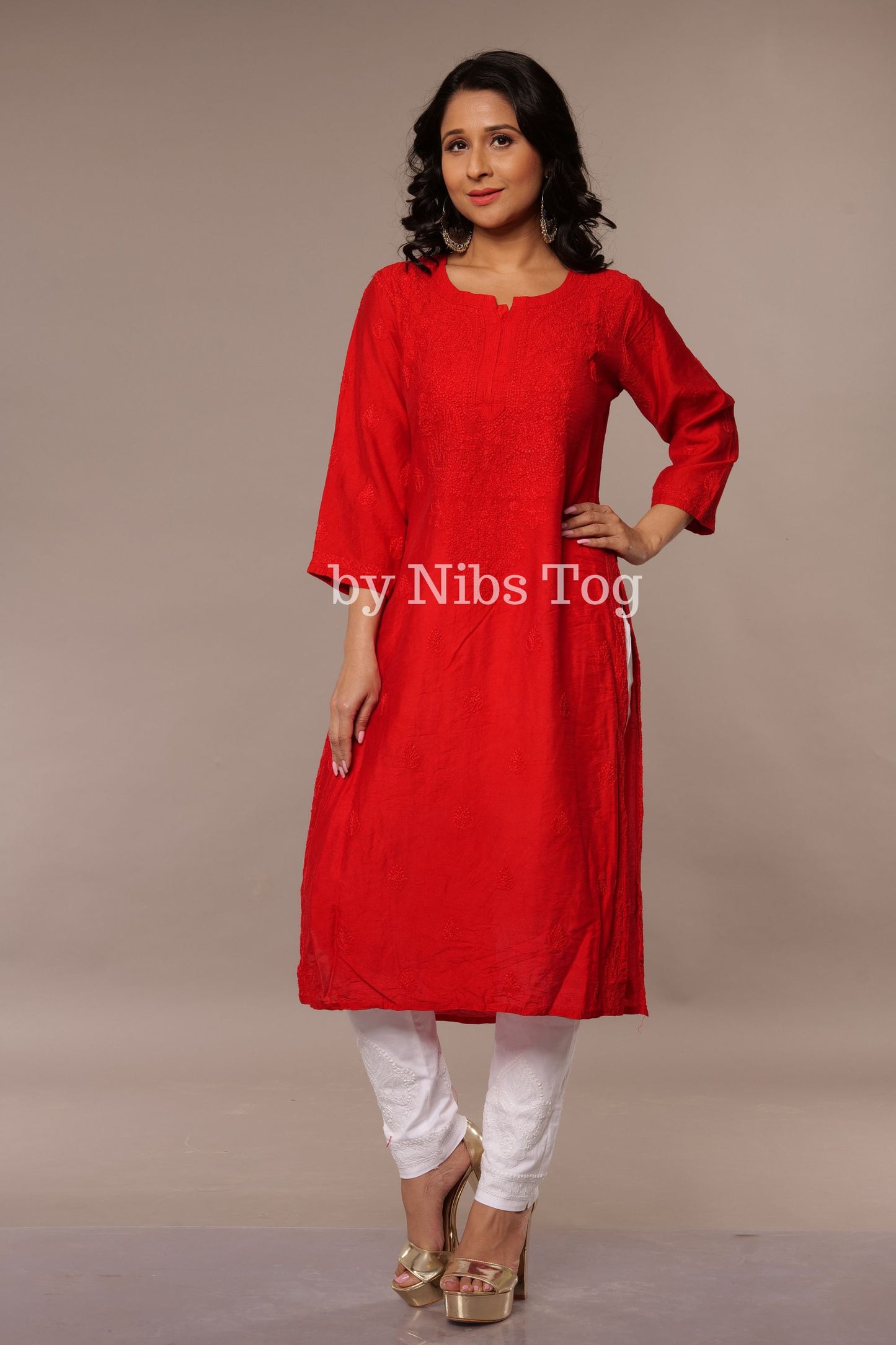 Modal Silk Chikankari Kurta Red